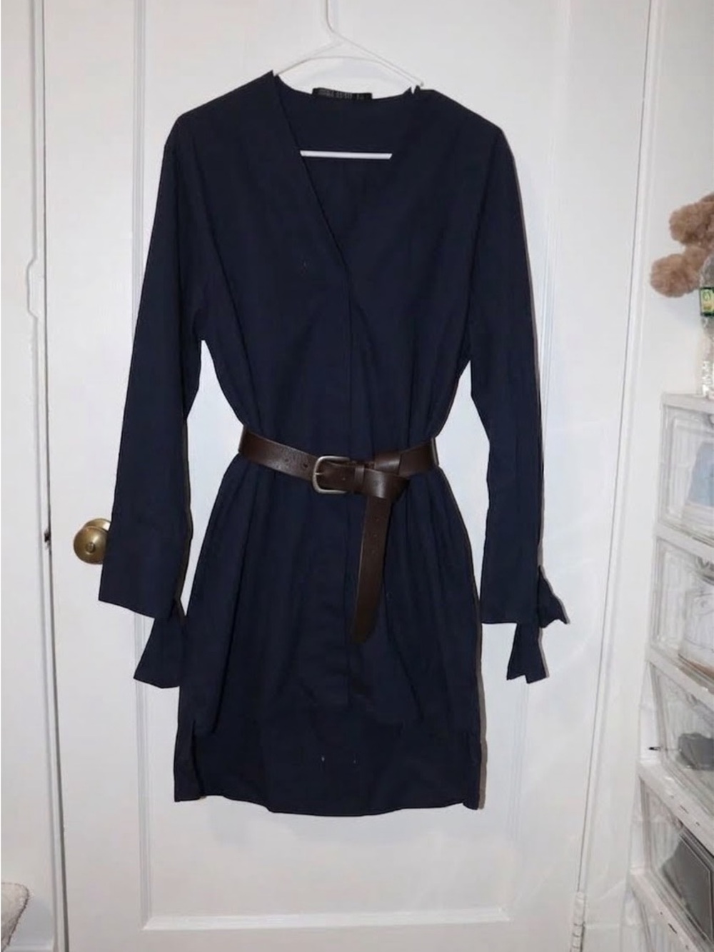 Zara Navy Long-Sleeve Wrap-Style Dress with Brown Belt